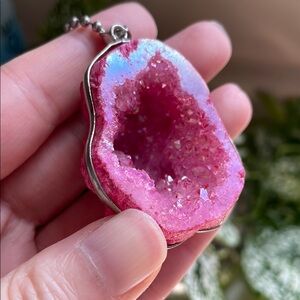 Dyed pink quartz geode gemstone crystal pendant large and flashy angel aura